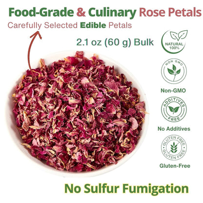 Dried Rose Petals Edible, 2.1oz (60g) Food Grade Rose Petals Tea– Culinary Roses Petals for Tea, Drinks, Baking & Cocktails, Edible Flower Petals for Cake Decorating, Desserts