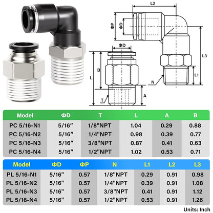 TAILONZ PNEUMATIC Elbow and Straight Combination 5/16 Inch Tube OD x 3/8 Inch NPT Thread Push to Connect Fittings PC-5/16-N3+PL-5/16-N3(Pack of 12)