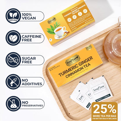 LeafLea Turmeric Tea with Ginger and Cinnamon, 80 Premium Turmeric Ginger Tea Bags, Supports Immune Health & Digestion, 100% Natural & Pure Blend Herbal Tea, Caffeine-Free, No Sugar, Vegan
