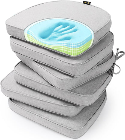 SUNROX Gel Memory Foam Chair Cushions, FadeShield Water-, Stain-Resistant Durable Reversible Seat Cushion Pads with Ties for Indoor/Outdoor Kitchen Dining Office, 17"x16", Set of 6, Heather Grey