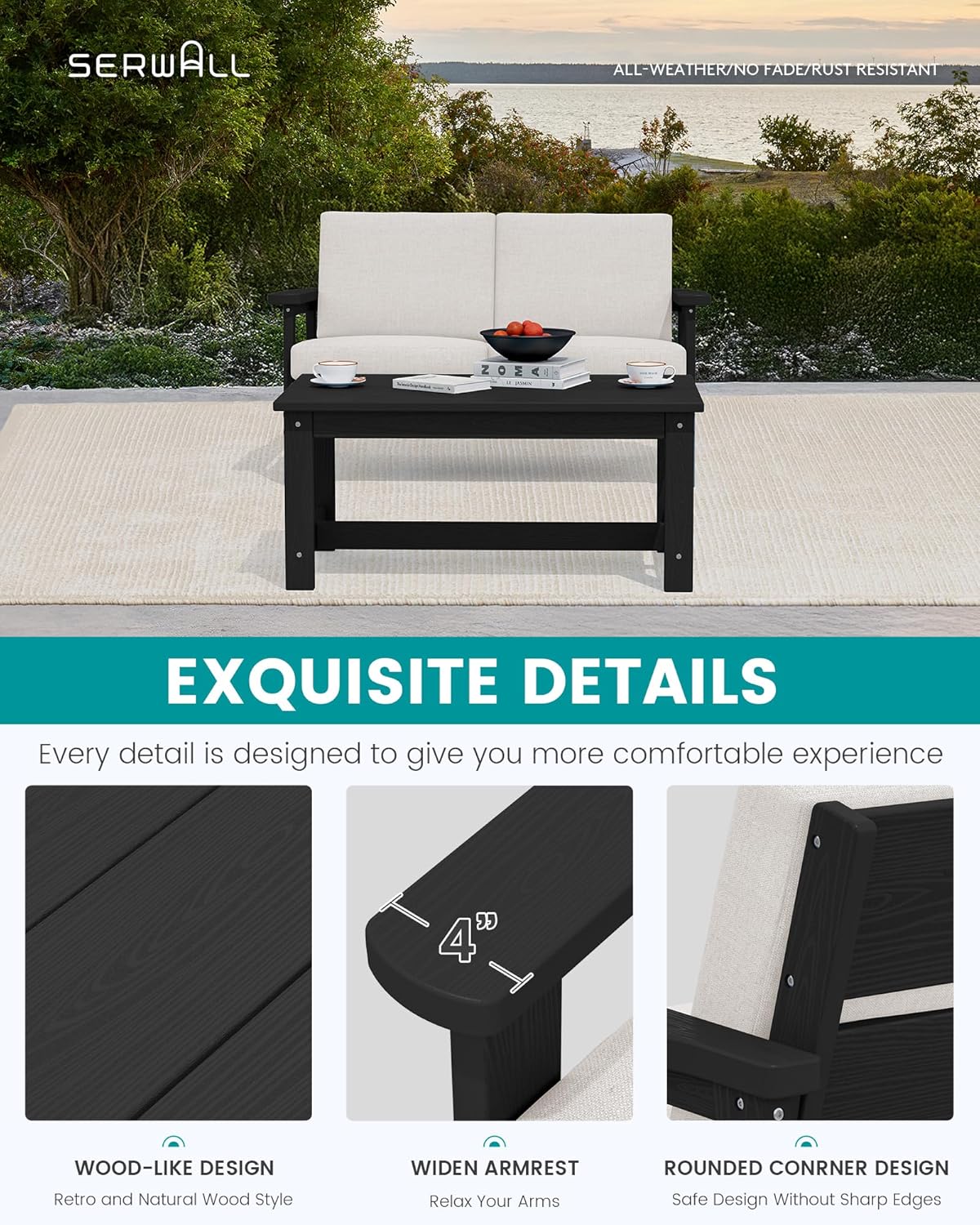 SERWALL HDPE Outdoor Patio Loveseat, Black Frame and Khaki Cushion