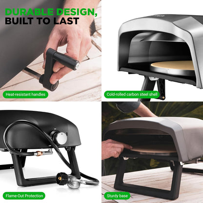 Nutrichef Outdoor Pizza Oven - Manual 360° Rotating Pizza Stone - Adjustable Heat - Includes Pizza Peel, Pizza Cutter, Stone, Cover, & Hose - Cook 12" Pizza in 60 Seconds - Long Handle