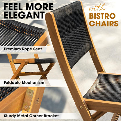 IDZO Wood Rope Design Heavy Duty 400lbs Capacity Patio Bistro Set 3 Piece Outdoor, Black