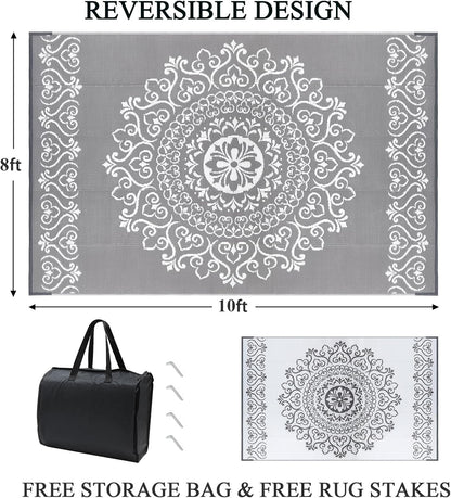 Pauwer Waterproof Outdoor Rug 8x10, Reversible Plastic Straw Patio Camping Rug, Indoor Outdoor RV Mat Carpet for Deck, Camper, Porch, Balcony, Backyard, Picnic, Floral Grey