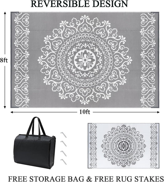 Pauwer Waterproof Outdoor Rug 8x10, Reversible Plastic Straw Patio Camping Rug, Indoor Outdoor RV Mat Carpet for Deck, Camper, Porch, Balcony, Backyard, Picnic, Floral Grey