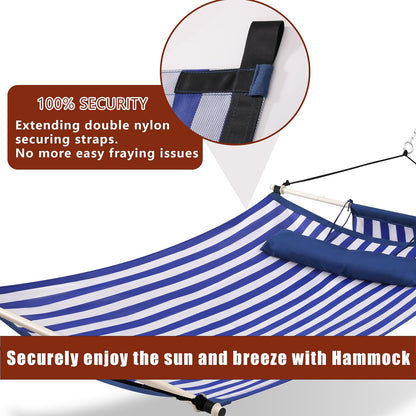 TegerDeger Anti-flip 12FT Hammock Large Hammock 450LB Capacity with Iron Spreader Bar & Nylon Rope for Outside, Patio, Garden, Backyard, Beach - Blue Strips