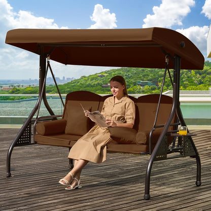 3 in 1 Patio Swing with Adjustable Canopy for Adults, 3 Seat Outdoor Swing with Thickened Cushions,Pillows & Cup Holders for Backyard, Porch, Garden (Brown)