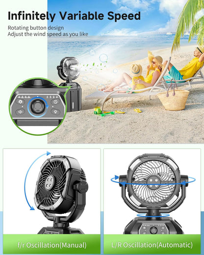 Misting fan with 7L bucket 90°Oscillating ,4 Spray Mister 25000mAh Rechargeable Camping fan with Remote Control Stepless Speed and Timer for Patios/Camping，Waterproof Design Outdoor Fans (Black)