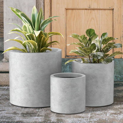Kante 9.8",12.6",15.7" Dia Round Concrete Planter Set of 3, Modern Style Large Cylindrical Plant Pot with Drainage Hole and Rubber Plug for Indoor Outdoor Patio, Natural Concrete