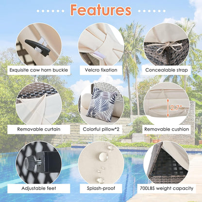 kevinplus Outdoor Patio Sunbed Daybed with Tent for Garden Backyard Pool, Adjustable Feet & Weather-Resistant Rattan Material, Beige