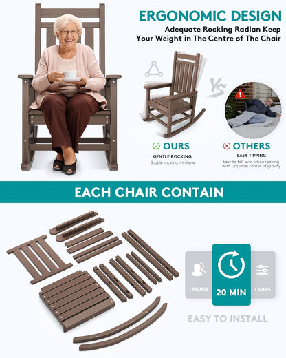 SERWALL Outdoor Rocking Chair Set of 4, HDPE Rocking Chairs for Adult, All Weather Porch Rockers for Lawn Garden, Brown