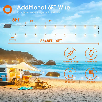 addlon 102FT(96+6) Solar String Lights Outdoor Waterproof with 6W Panel USB Charing & Remote Control Patio Lights Long Last for 20+Hrs Dimmable Solar Power LED Bulbs for Porch Garden Market Bistro