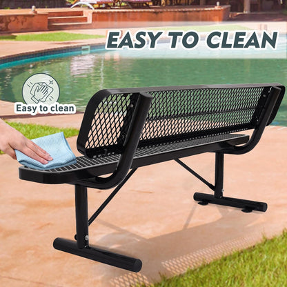 Heavy-Duty Park Bench or Table for Outside - Black Coated Outdoor Furniture Steel Bench, Commercial-Grade Outdoor Benches Weatherproof for Park, Patio, Porch (Black, 6FT (with Backrest))