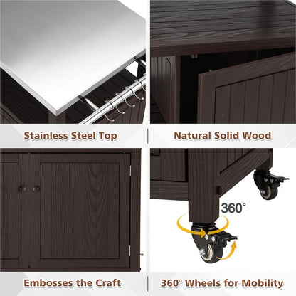 AHB Outdoor Grill Table Solid Wood Storage Cabinet, Rolling Kitchen Island, Movable Bar Cart with Stainless Steel Top for Outside Patio, Backyard, Garden (Two Doors)