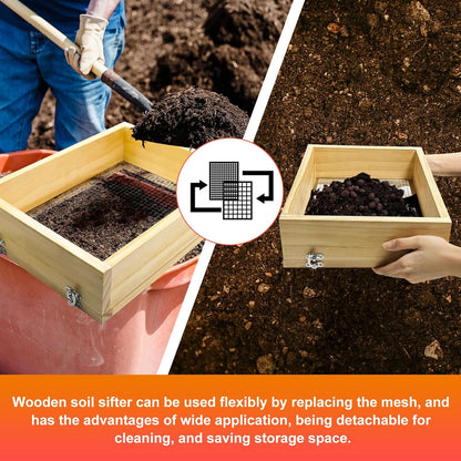 Soil Sifter 13.8"x10.2" for Garden: Wooden Dirt Sifter Replaceable Iron Mesh(0.15" & 0.35"), Multipurpose Handheld Compost Rock Sifter for Flowers, Fruit, Vegetable Plant Pots Gardening Tools