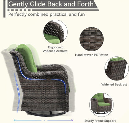 3 Pieces Outdoor Furniture Set - Patio Wicker Swivel Rocker Chair Set of 2 and 1 Side Table, Green, Mixed Brown Rattan, Suitable for Porch, Yard