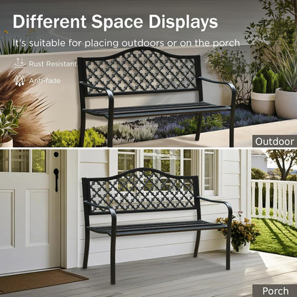 PHI VILLA 50" Outdoor Garden Patio Metal Bench for Outdoors with Plastic Backrest Armrests Sturdy Steel Frame, Black