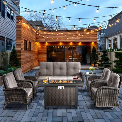 HUMMUH 7 Piece Patio Furniture Set with Fire Pit Table,Wicker Patio Swivel Rocker Outdoor Chairs 3-Seat Sofa for Porch,Poolside,Deck