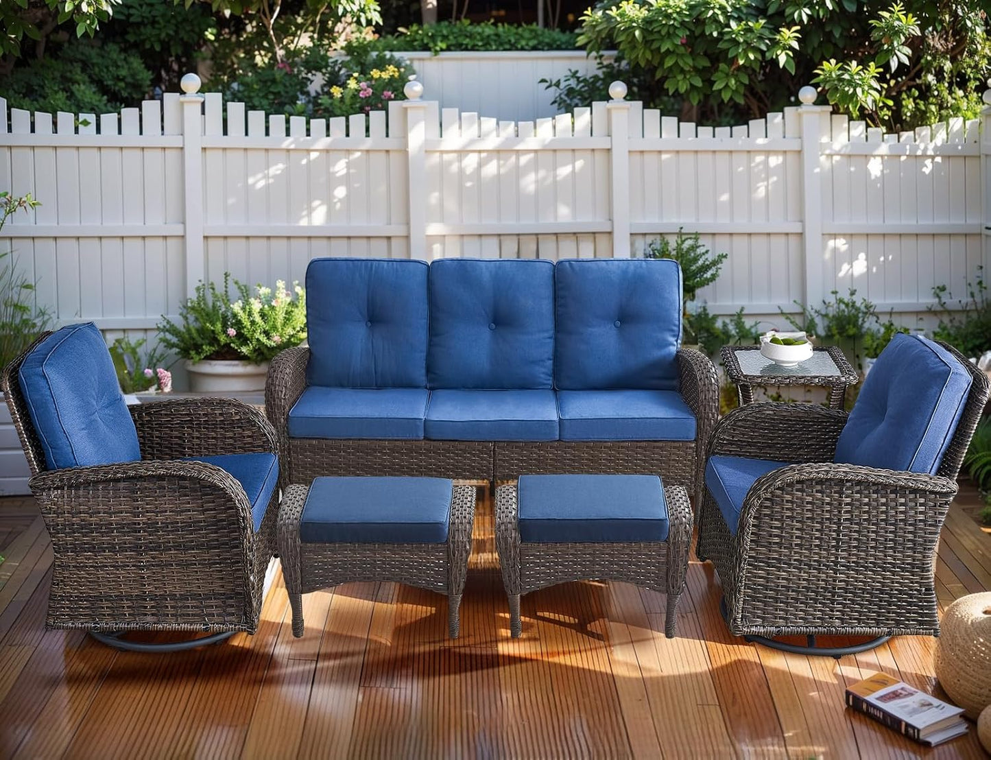 HUMMUH 6-Piece Patio Furniture PE Wicker Outdoor Conversation Set,All-Weather Rattan Swivel Rocker Chairs Outdoor Couch Ottomans for Backyard,Poolside,Deck