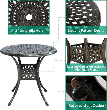 VIVIJASON 3-Piece Patio Furniture Dining Set, All-Weather Cast Aluminum Outdoor Bistro Set, Include 2 Chairs and 31" Round Table w/Umbrella Hole for Balcony, Lawn, Garden, Backyard