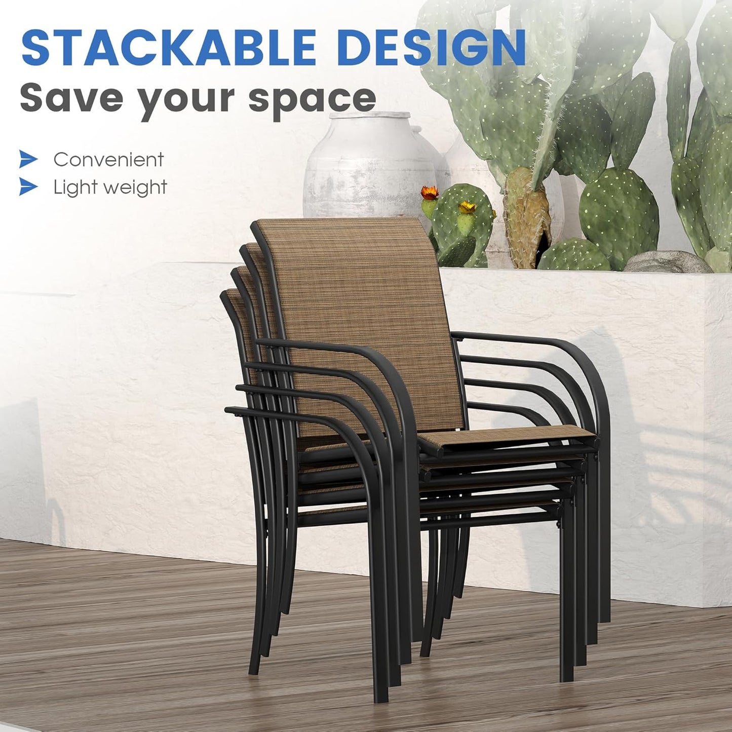 VICLLAX 5 Pieces Patio Dining Set, Outdoor Furniture Set Includes 1 Square Outdoor Table and 4 Stackable Patio Sling Chairs, Black Tabletop and Brown Fabric