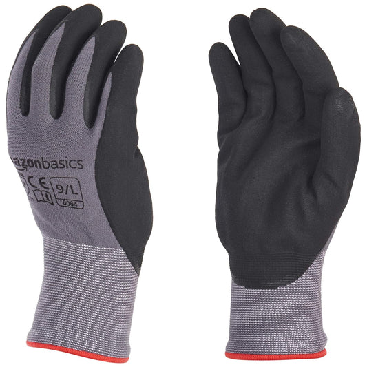 Amazon Basics Micro-Foam Nitrile Coated Work Gloves, Nylon Liner Fiber, Touch Screen, Grey, Size 9/L, 12 Pairs
