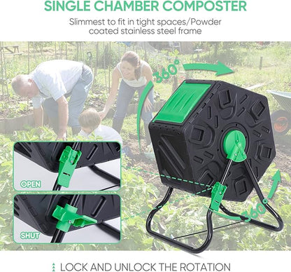 F2C 18.5 Gallon Compost Tumbler Compost Bin All-Season Outdoor BPA Free Single Rotating Chamber Composters w/ 2 Sliding Doors and Solid Steel Frame