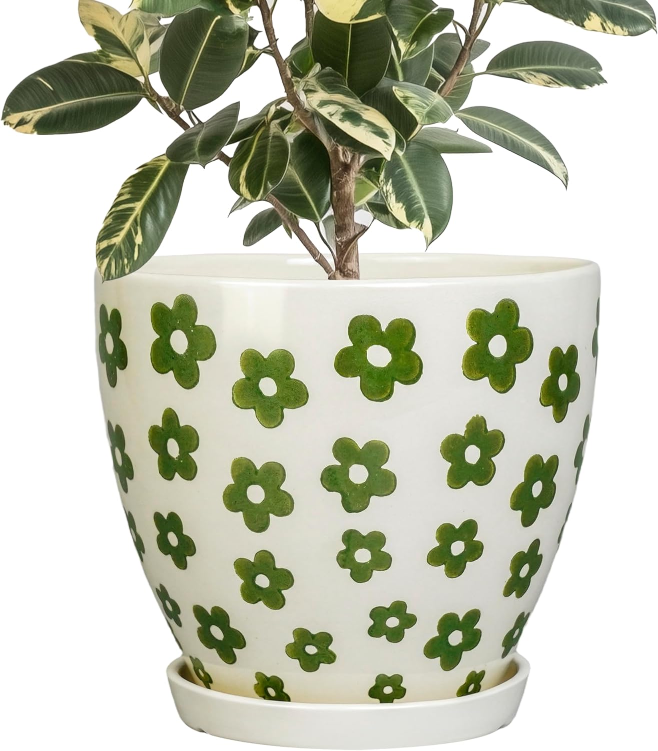 Ceramic Flower Pot - 10 Inch Plant Pot Indoor with Drainage Hole and Saucer, Boho Round Ceramic Planter for Indoor Outdoor Plants, Plant Lover Gifts, Home Garden House Decor, White