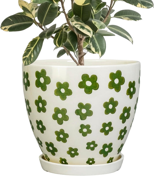 Ceramic Flower Pot - 10 Inch Plant Pot Indoor with Drainage Hole and Saucer, Boho Round Ceramic Planter for Indoor Outdoor Plants, Plant Lover Gifts, Home Garden House Decor, White