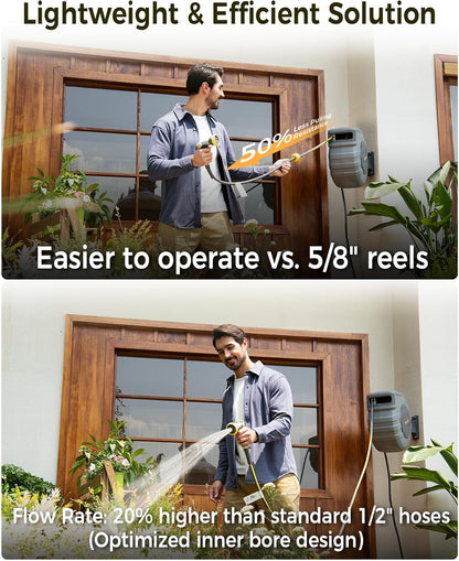 Retractable Garden Hose Reel 1/2 in x 130 ft, 2025 Upgraded Dual Ratchet Lock UV & Freeze Protection Brass Seal Slow Retraction Anti-Tangle Hose 180°Swivel Reinforced Scaffold Wall Mount
