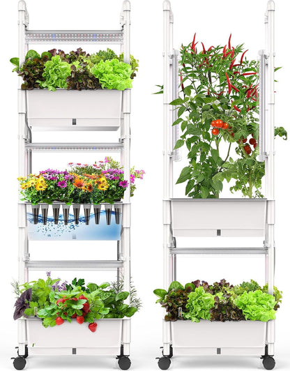 Hydroponics Growing System,AOONEG 42Pods Indoor Herb Garden with LED Grow Light,Hydroponics Growing System Kit with Automatic Timer,Pump System,Adjustable Height (No Seed,Glossy White, 3Layer-42Pods)