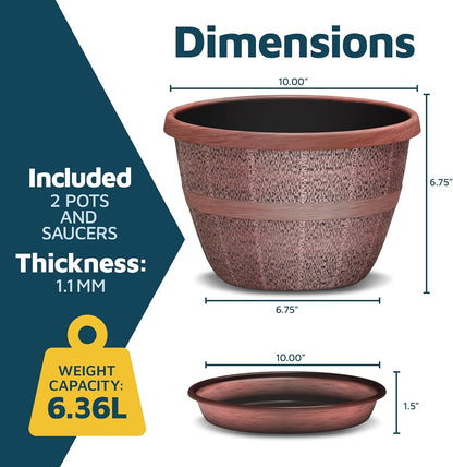 10-Inch Whiskey Barrel Planters Outdoor Pack of 2 - Durable Plastic Plant Pots for Indoor & Outdoor Use with Drainage & Saucer, Lightweight Rustic Barrel Planters for Flowers, Herbs & Small Plants