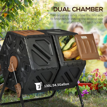 Compost Bin Outdoor, 43 Gallon Dual Chamber Tumbling Composting with Sliding Doors, Large Compost Tumbler, Compost Bin for Garden, Kitchen, and Yard Waste, Black+Brown