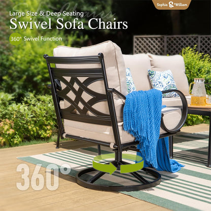 Sophia & William 4 Piece Patio Furniture Set Outdoor Couch Sofa, Patio Conversation Sets 5 Seat Clearance with 3-seat Sofa x 1, Swivel Chair x 2, Metal Coffee Table x 1 for Front Porch Lawn, Beige
