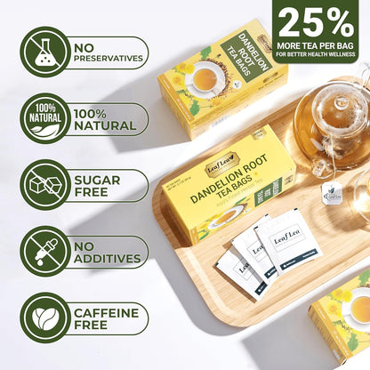 LeafLea 80 Dandelion Tea Bags, All Natural and Pure Dandelion Root Tea, Supports Digestion & Immune Health, Individually Wrapped Tea Bags, Caffeine-Free, Vegan, No Sugar, Gluten-Free, Non-GMO, 2 Pack