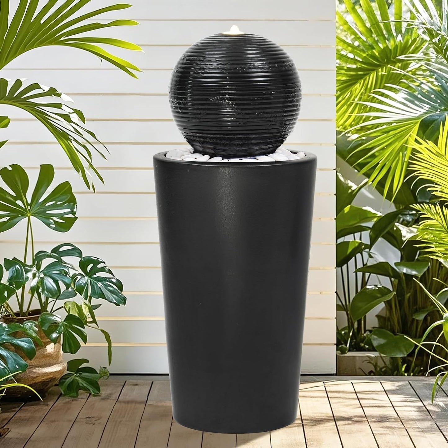 Autodaya 30" H Ceramic Sphere Water Fountain with LED Light, Modern Minimalist Design, Black Glaze with White Pebbles, Soothing Trickling Water Feature, Adding Artistic Charm & Tranquil Ambiance