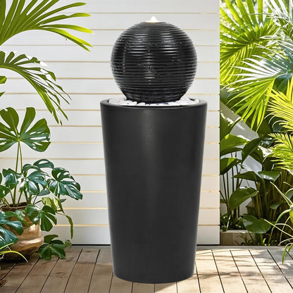 Autodaya 30" H Ceramic Sphere Water Fountain with LED Light, Modern Minimalist Design, Black Glaze with White Pebbles, Soothing Trickling Water Feature, Adding Artistic Charm & Tranquil Ambiance