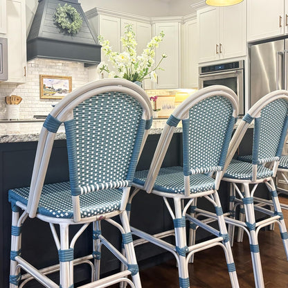 PURPLE LEAF French Bar Stool Set of 4 White Print Finish Patio Bar Stools with Back Rattan Bar Chairs Wicker Bar Height Stool 30" with Footrest Kitchen Island Stools Outdoor Barstool Light Blue