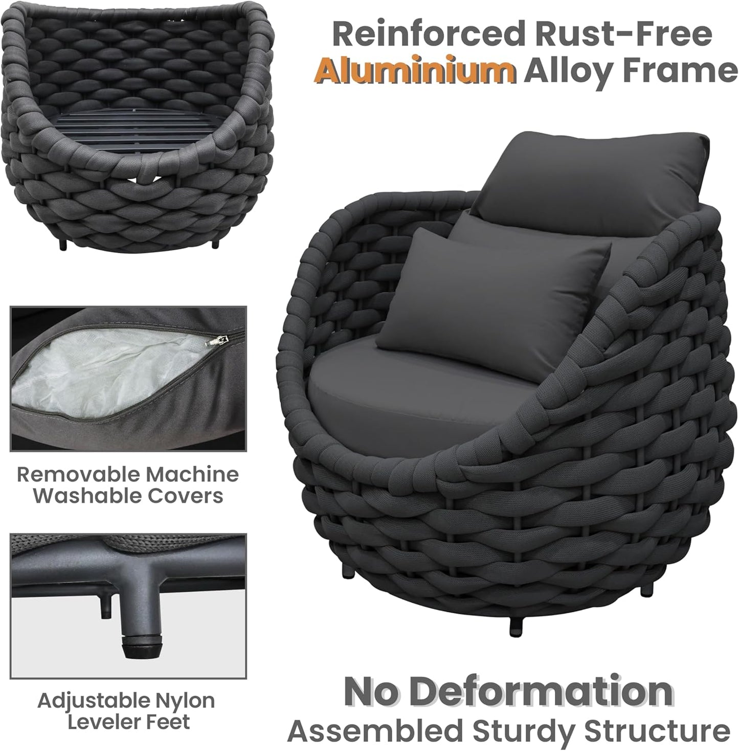Aluminum Rope Patio Furniture Set: 6 Pieces Assembled Outdoor Conversation Sofa Set for 7 - Modern Metal Couch Set Cushioned - All Weather Porch Seating for Deck Garden Lanai Hotel, Dark Gray