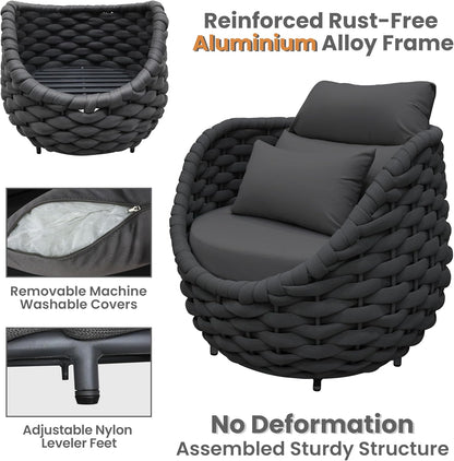 Aluminum Rope Patio Furniture Set: 6 Pieces Assembled Outdoor Conversation Sofa Set for 7 - Modern Metal Couch Set Cushioned - All Weather Porch Seating for Deck Garden Lanai Hotel, Dark Gray
