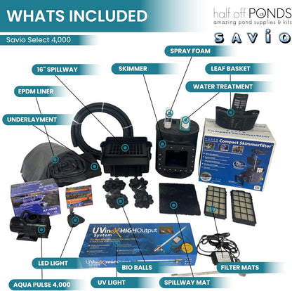 HALF OFF PONDS Savio Select 4,000 GPH Submersible Pump Pond Kit with 15' x 25' EPDM Rubber Pond Liner, UV Clarifier for Water Garden & Koi Pond