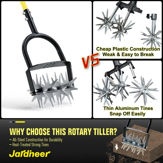 Jardineer Rotary Cultivator for Gardening, Long Handle Garden Cultivator for Soil Mixing, Reseeding, Lawn Aerating, Hand Tiller with Auxiliary Handle Suitable for Women and The Elderly