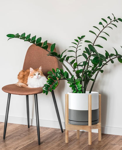 D'vine Dev Ceramic Planter with Natural Stand - 10 Inch Modern Round Flower Pot with Wood Planter Holder, White/Grey, 55-B-K-6