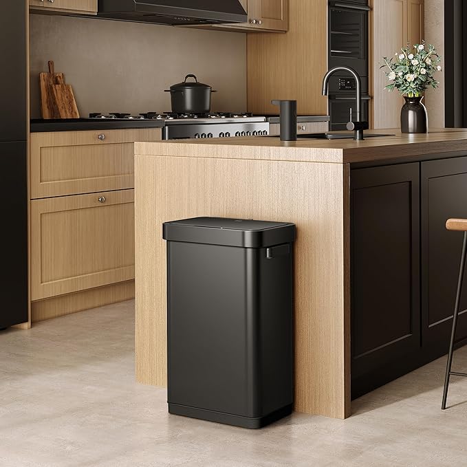 EKO Deluxe Mirage-T 50 Liter / 13.2 Gallon Touchless Rectangular Motion Sensor Trash Can, Matte Black Stainless Steel Finish