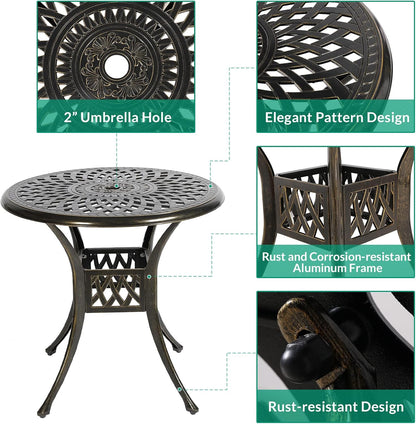 VIVIJASON 3-Piece Outdoor Patio Bistro Set, All-Weather Cast Aluminum Furniture Dining Sets Include 2 Cushioned Chairs and 31" Round Table w/Umbrella Hole for Balcony, Backyard, Navy Blue Cushion