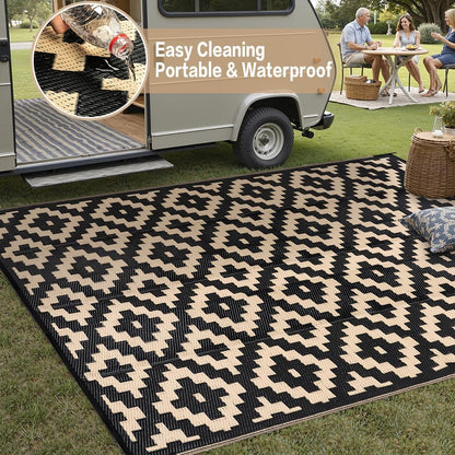 Outdoor Plastic Straw Rug, Waterproof Mat, Washable Large Floor Mat and Rug for Outdoors, RV, Beach, Patio, Camping, Backyard, Deck, Picnic, Indoor Outside (6x9ft,Geometry/Black&Beige)
