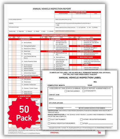 50 Pack 3-Ply Carbonless Annual Vehicle Inspection Report Forms with FMCSA 2-Ply Mylar Laminate Adhesive Vinyl Labels, DOT Inspection Forms and Stickers, Shrink-Wrapped, 8.5" x 11.75" - Made in USA