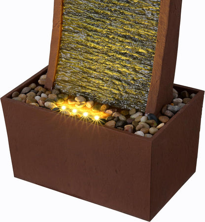 Teamson Home 38.5" Indoor/Outdoor Modern Curved Faux Slate Waterfall Fountain with LED Lights, Red Rock