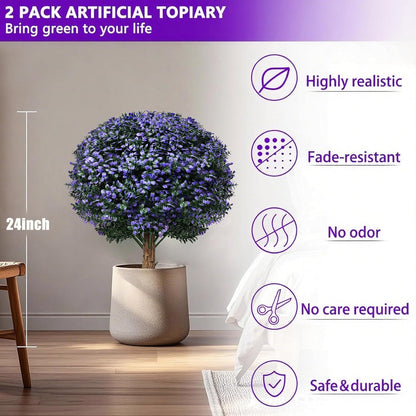 Set of 2 Artificial Boxwood Topiary Ball Trees Outdoor Faux Shrubs Artificial Boxwood Plants with Ground Spike, 24" Lavender Fake Evergreen Tree UV Resistant for Planter,Potted,Fall