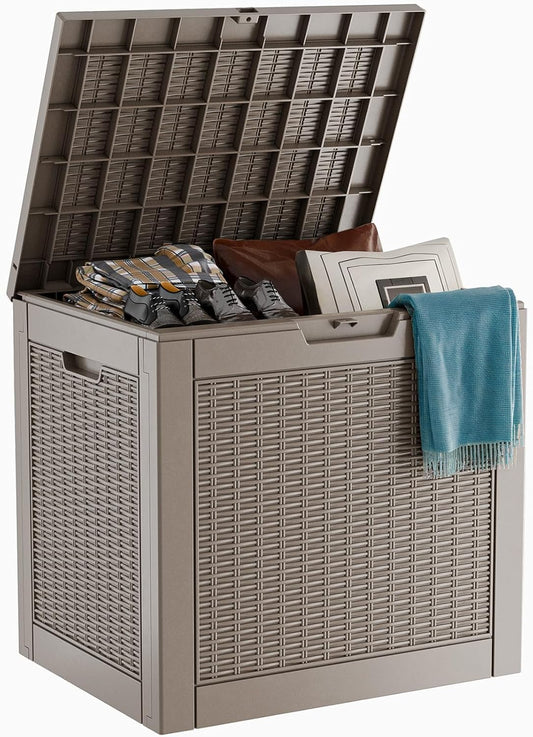 31 Gallon Outdoor Deck Box,Storage Lockable Waterproof Patio Furniture,Garden Tools,Cushions,Pool Accessories Outside Storage Resin Box(Grey)